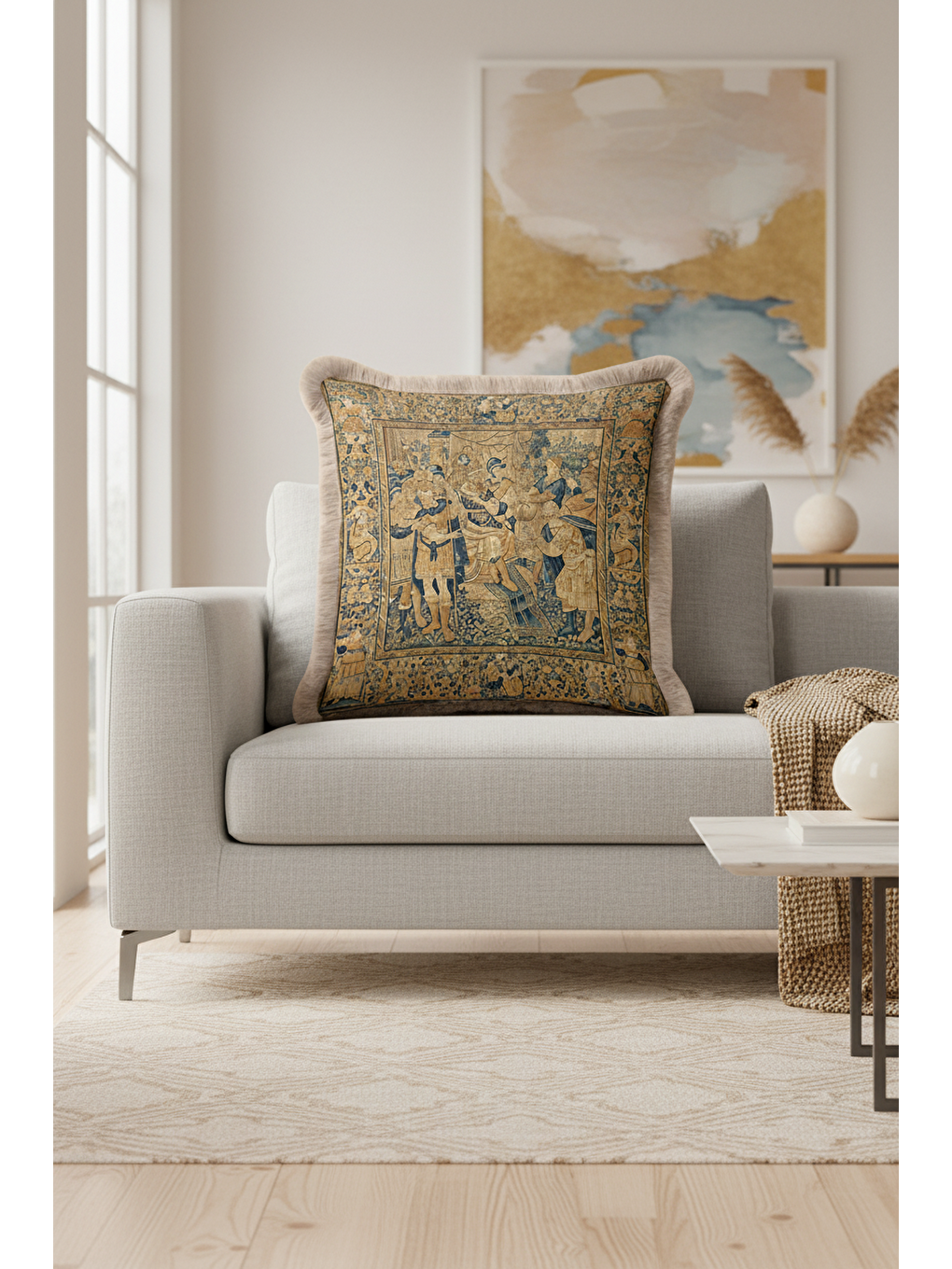 Karışık Barok Saray Şıklığı Saçaklı Yastık Kılıfı - Vintage Klasik Rustik Mavi Altın Püsküllü Kırlent Kılıfı-3