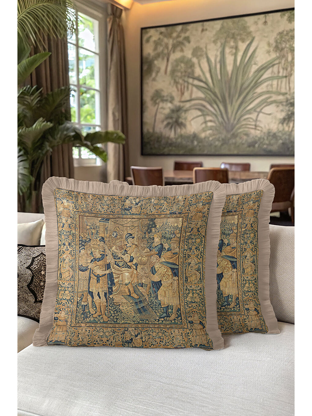 Karışık Barok Saray Şıklığı Saçaklı Yastık Kılıfı - Vintage Klasik Rustik Mavi Altın Püsküllü Kırlent Kılıfı-5