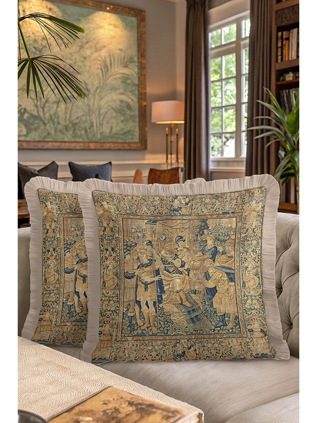 Karışık Barok Saray Şıklığı Saçaklı Yastık Kılıfı - Vintage Klasik Rustik Mavi Altın Püsküllü Kırlent Kılıfı-7