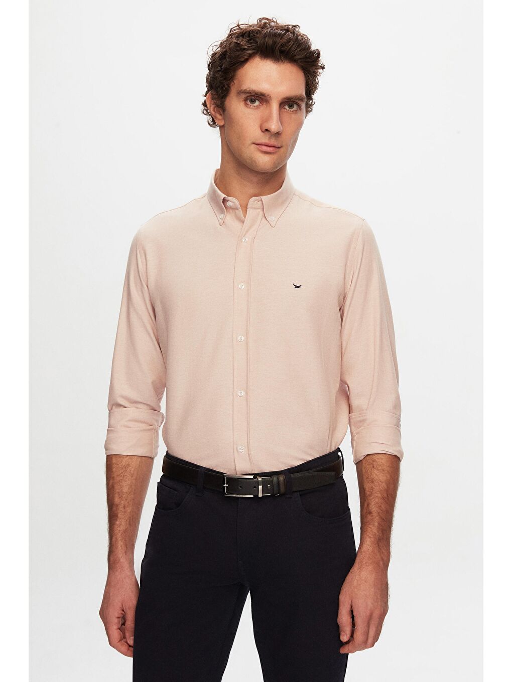 Slim Fit Ekru Oxford Düğmeli Yaka Kolay Ütülenebilir Nakış Detaylı Pamuklu Gömlek