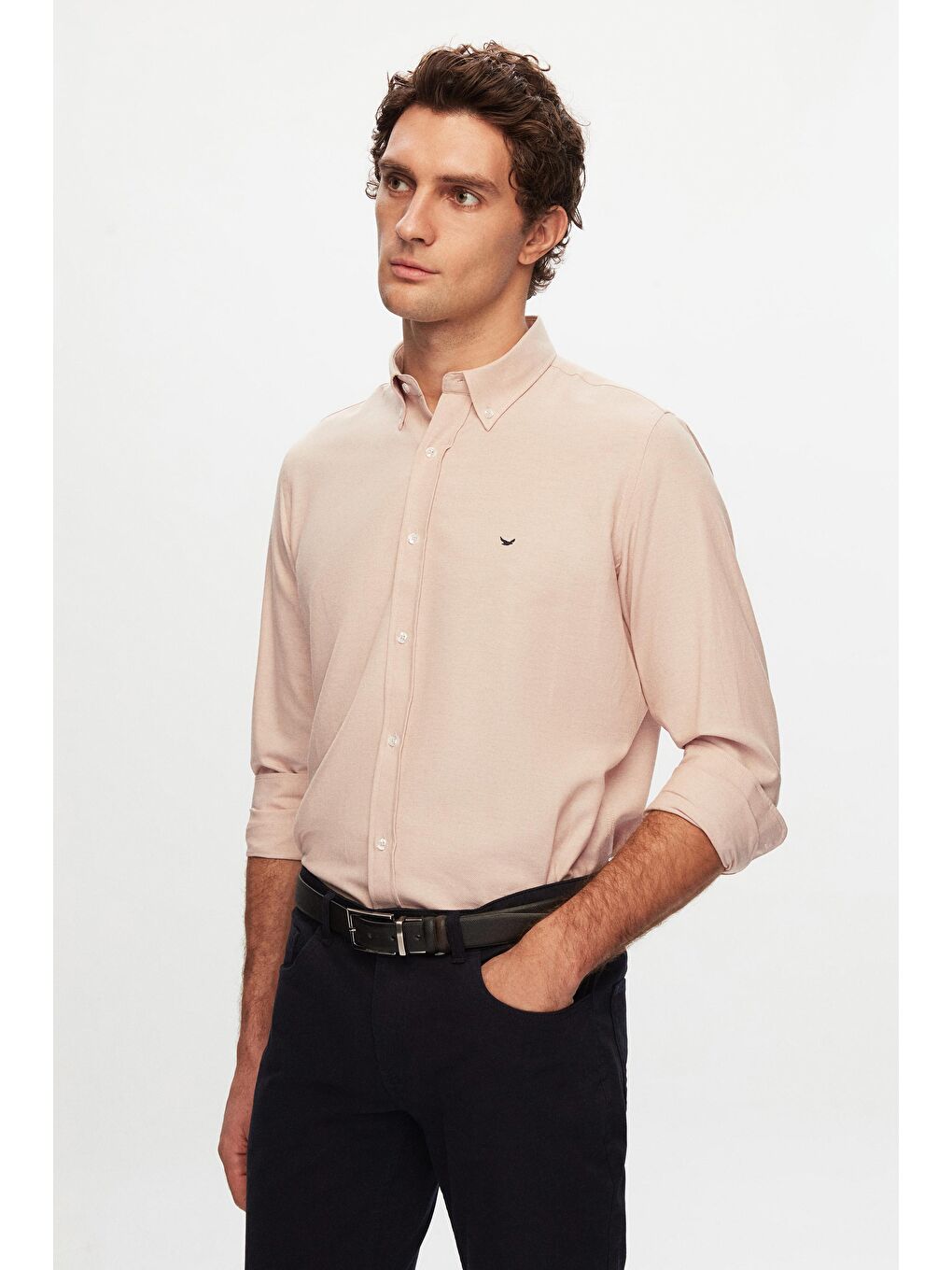 Slim Fit Ekru Oxford Düğmeli Yaka Kolay Ütülenebilir Nakış Detaylı Pamuklu Gömlek-1