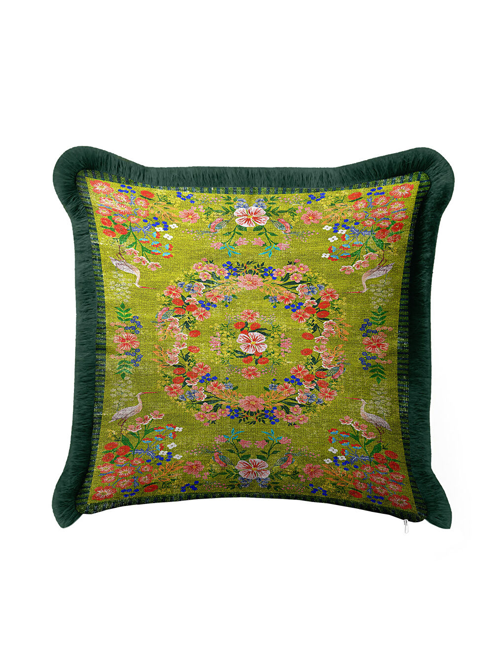 Karışık Zarif Çiçekli Kuşlu Saçaklı Yastık Kılıfı - Vintage Yeşil Etnik Koyu Yeşil Püsküllü Kırlent Kılıfı-2