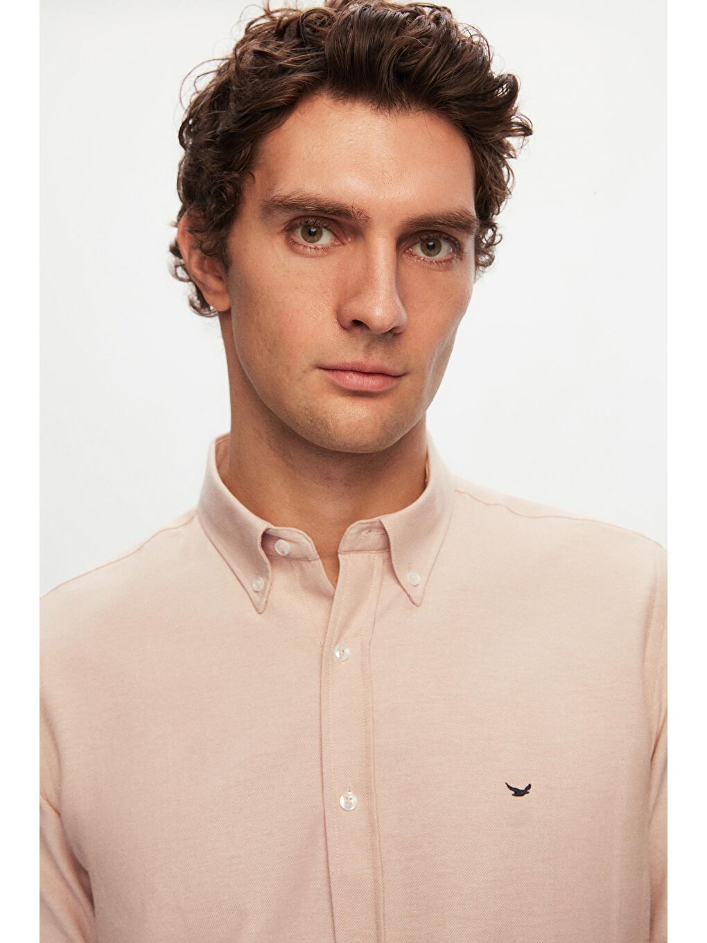 Slim Fit Ekru Oxford Düğmeli Yaka Kolay Ütülenebilir Nakış Detaylı Pamuklu Gömlek-2