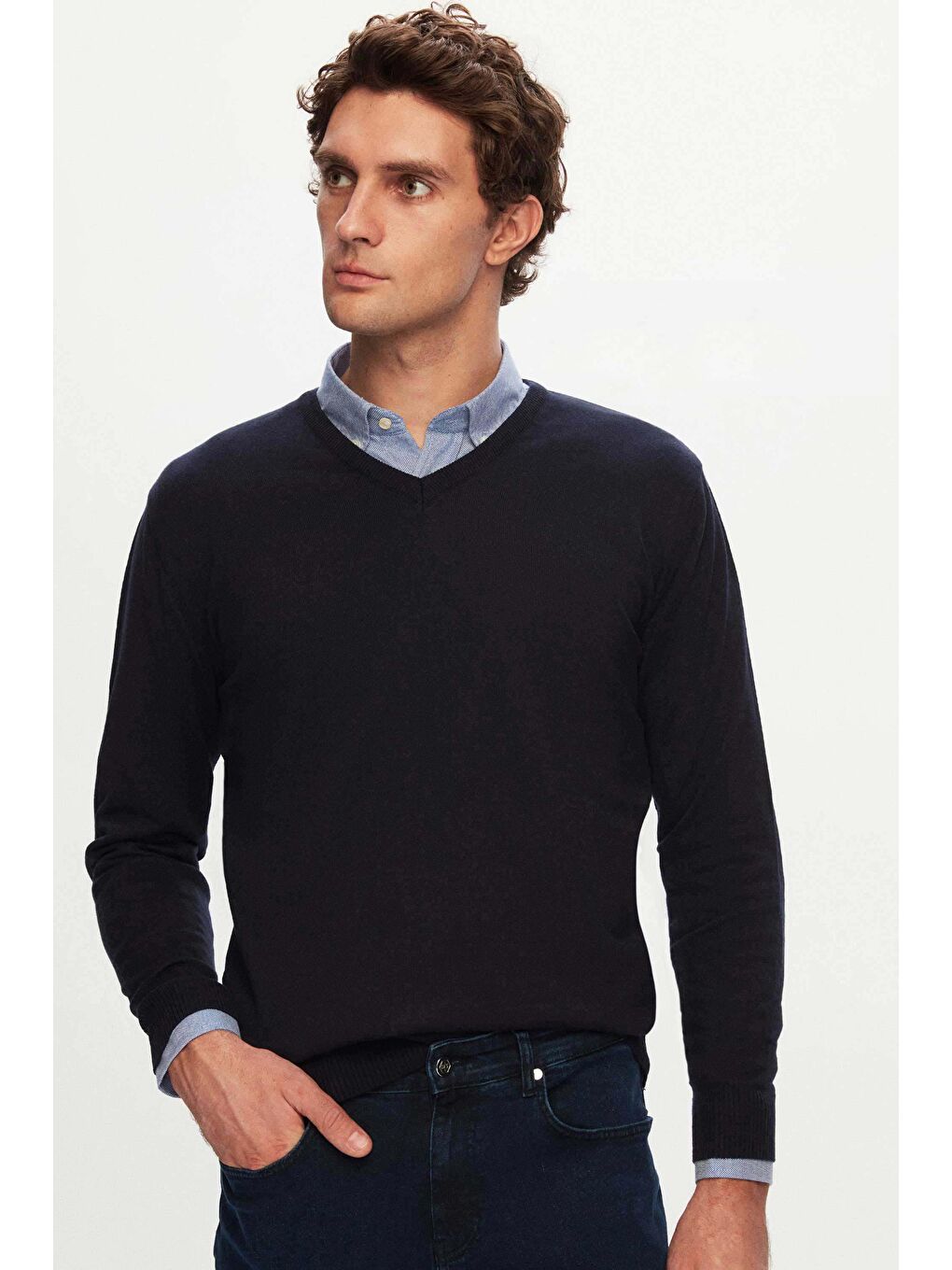 Regular Fit Lacivert Düz V Yaka Triko Kazak