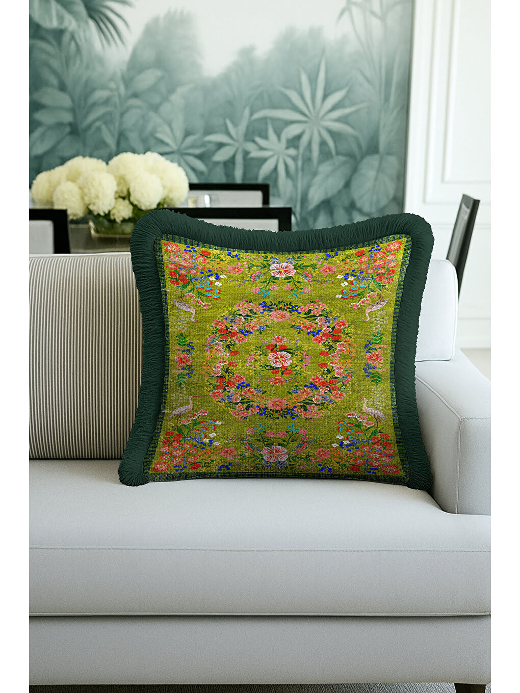 Karışık Zarif Çiçekli Kuşlu Saçaklı Yastık Kılıfı - Vintage Yeşil Etnik Koyu Yeşil Püsküllü Kırlent Kılıfı-3