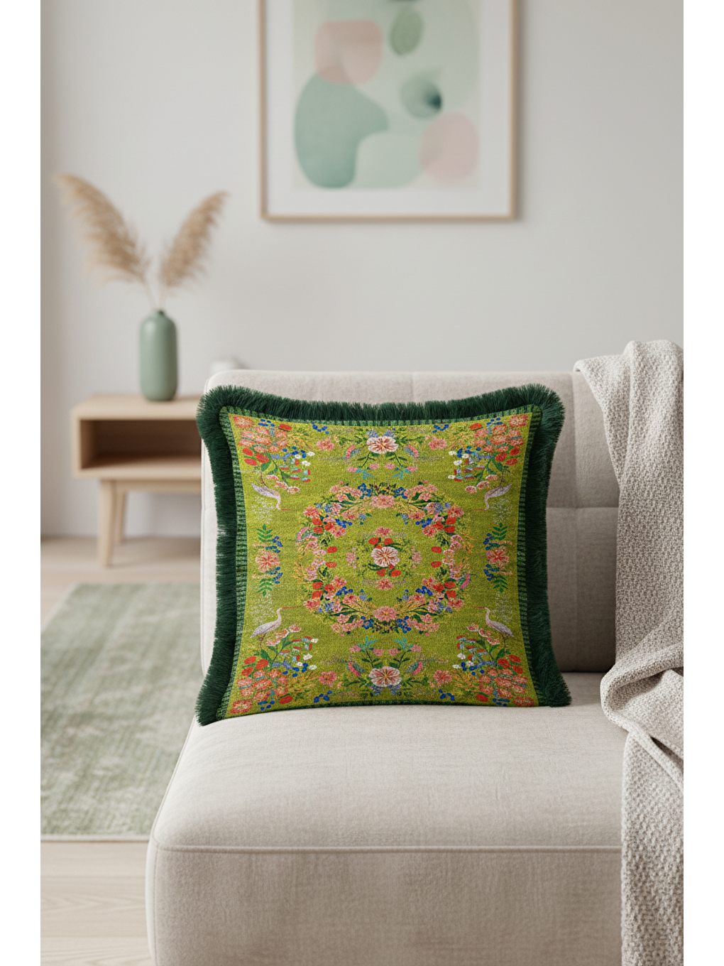 Karışık Zarif Çiçekli Kuşlu Saçaklı Yastık Kılıfı - Vintage Yeşil Etnik Koyu Yeşil Püsküllü Kırlent Kılıfı-4