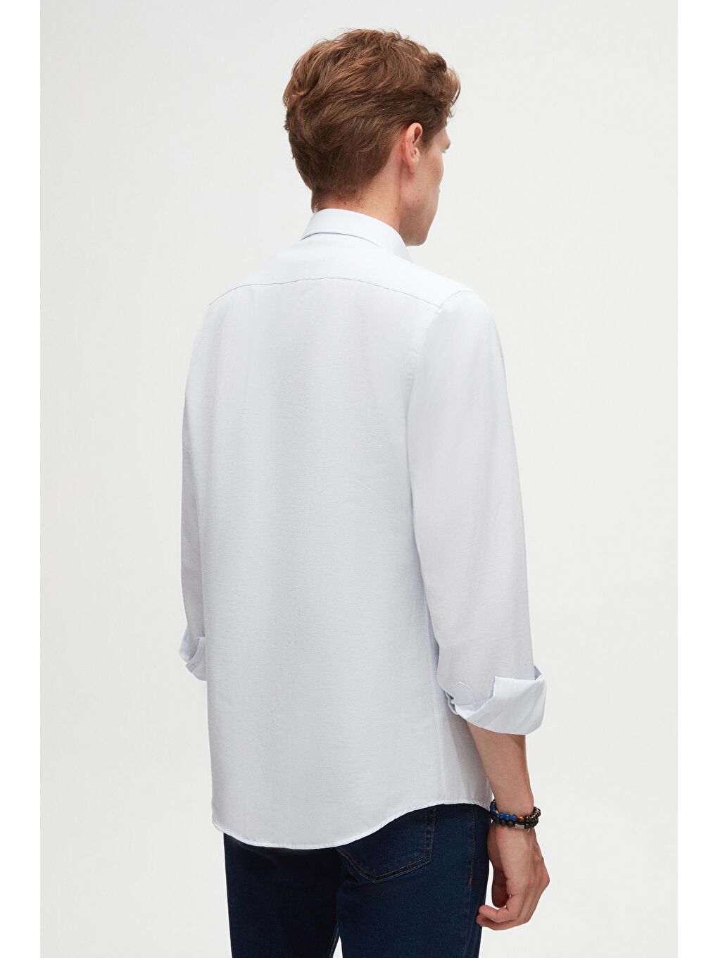 Slim Fit Açık Mavi Oxford Düğmeli Yaka Kolay Ütülenebilir Nakış Detaylı Pamuklu Gömlek-5