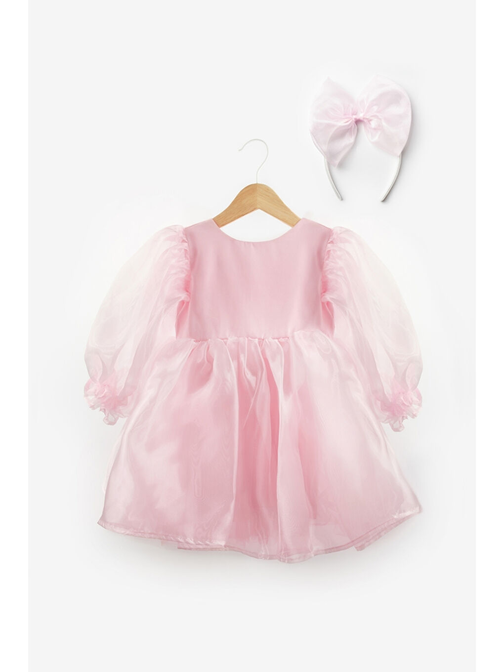 Pembe Uzun Kollu Organze Kız Çocuk Parti Elbisesi - Sage