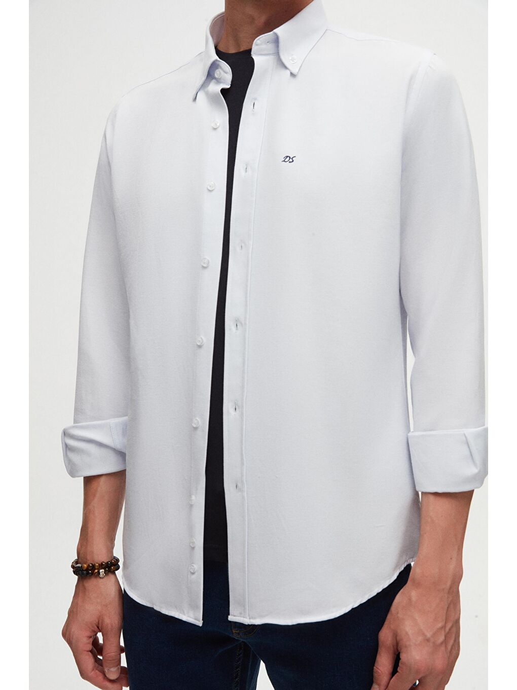 Slim Fit Açık Mavi Oxford Düğmeli Yaka Kolay Ütülenebilir Nakış Detaylı Pamuklu Gömlek-6