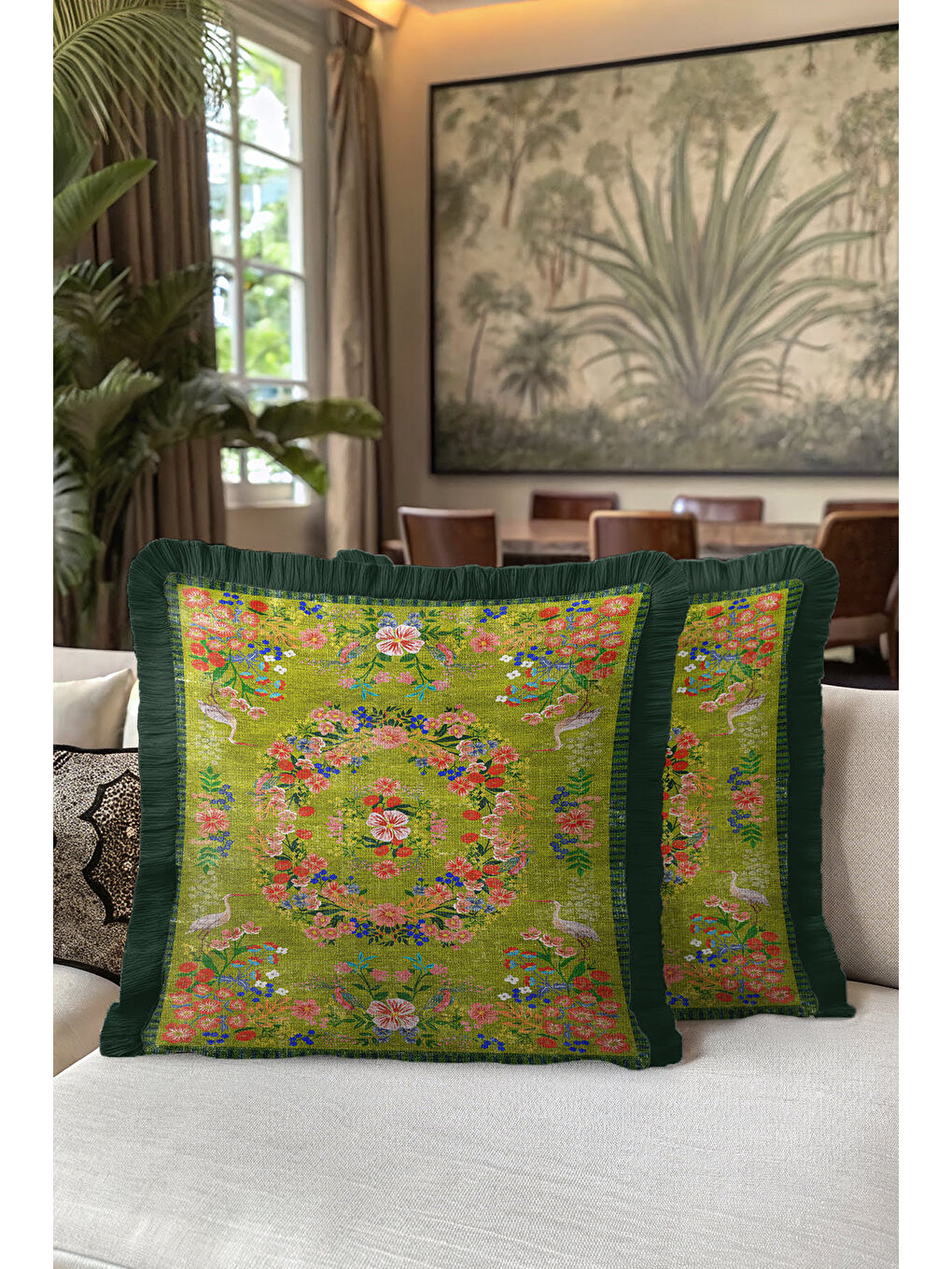 Karışık Zarif Çiçekli Kuşlu Saçaklı Yastık Kılıfı - Vintage Yeşil Etnik Koyu Yeşil Püsküllü Kırlent Kılıfı-5
