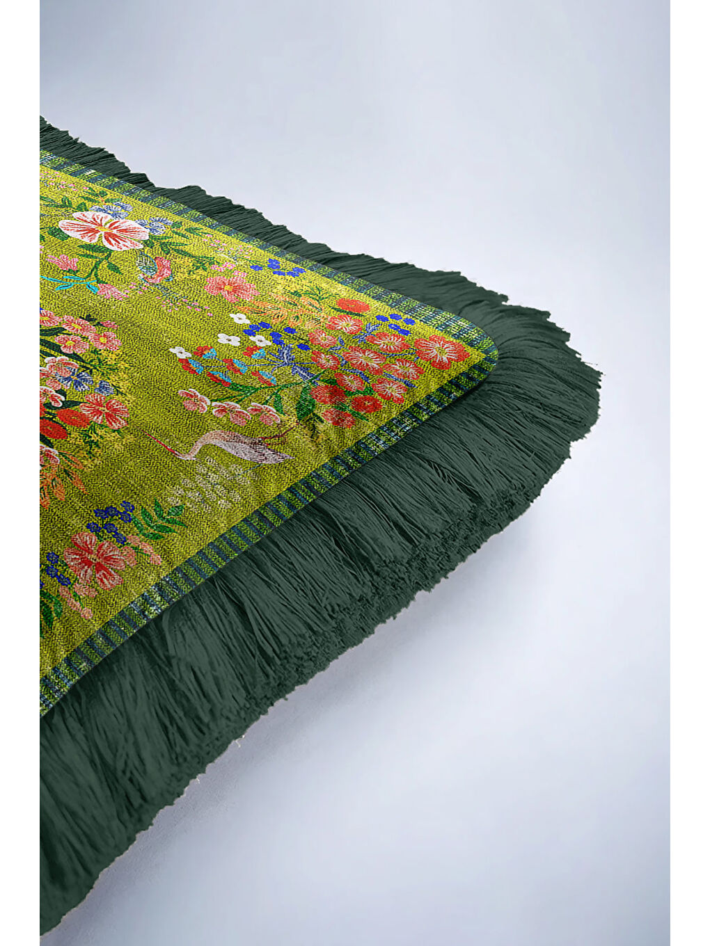 Karışık Zarif Çiçekli Kuşlu Saçaklı Yastık Kılıfı - Vintage Yeşil Etnik Koyu Yeşil Püsküllü Kırlent Kılıfı-6