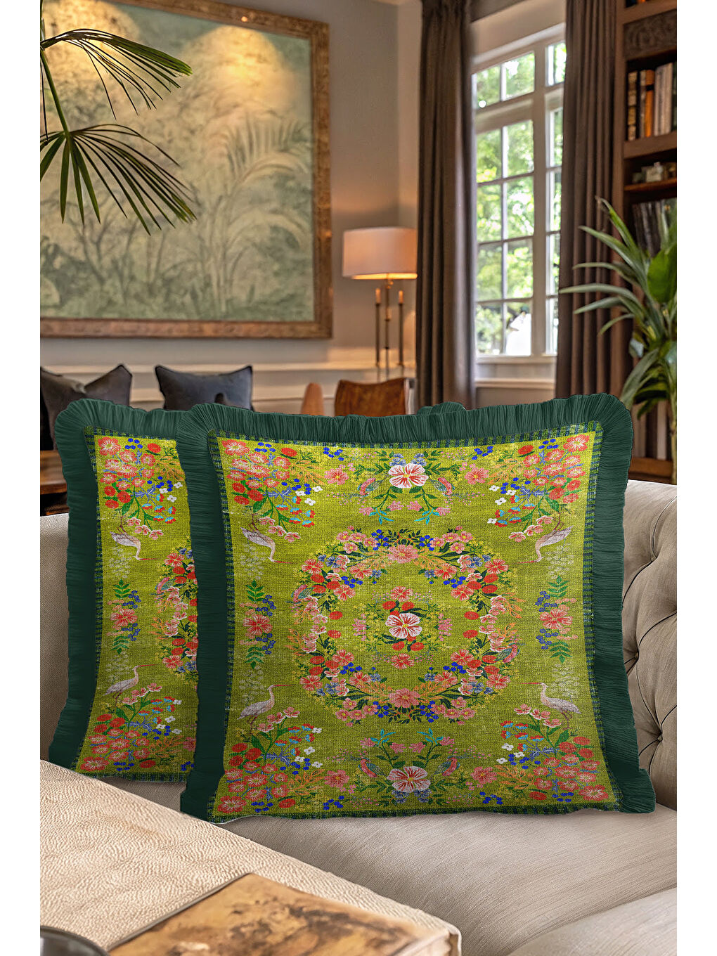 Karışık Zarif Çiçekli Kuşlu Saçaklı Yastık Kılıfı - Vintage Yeşil Etnik Koyu Yeşil Püsküllü Kırlent Kılıfı-7