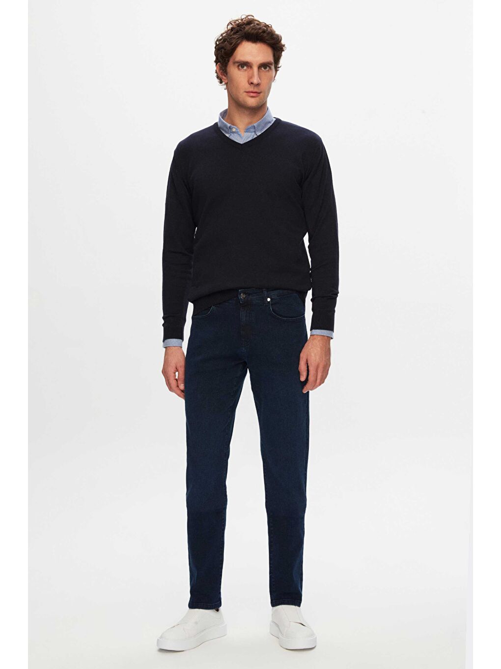 Regular Fit Lacivert Düz V Yaka Triko Kazak-3