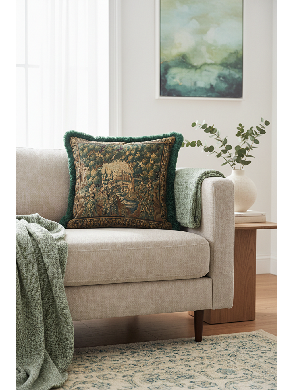 Karışık Saray Bahçe Vintage Saçaklı Yastık Kılıfı - Doğal Yeşil Barok Avangart Krem Püsküllü Kırlent Kılıfı