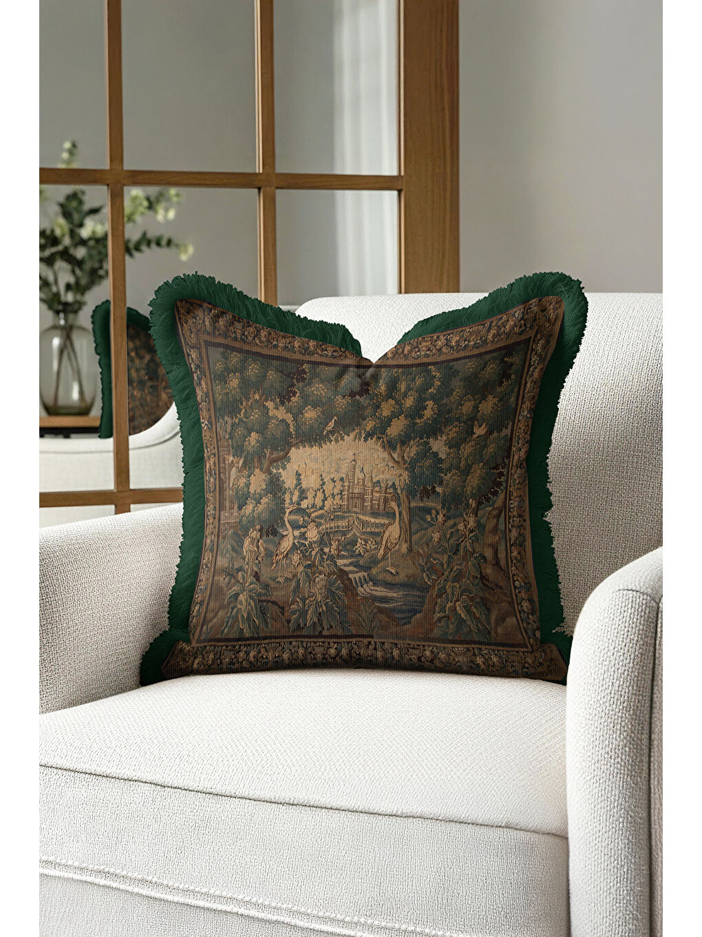 Karışık Saray Bahçe Vintage Saçaklı Yastık Kılıfı - Doğal Yeşil Barok Avangart Krem Püsküllü Kırlent Kılıfı-1