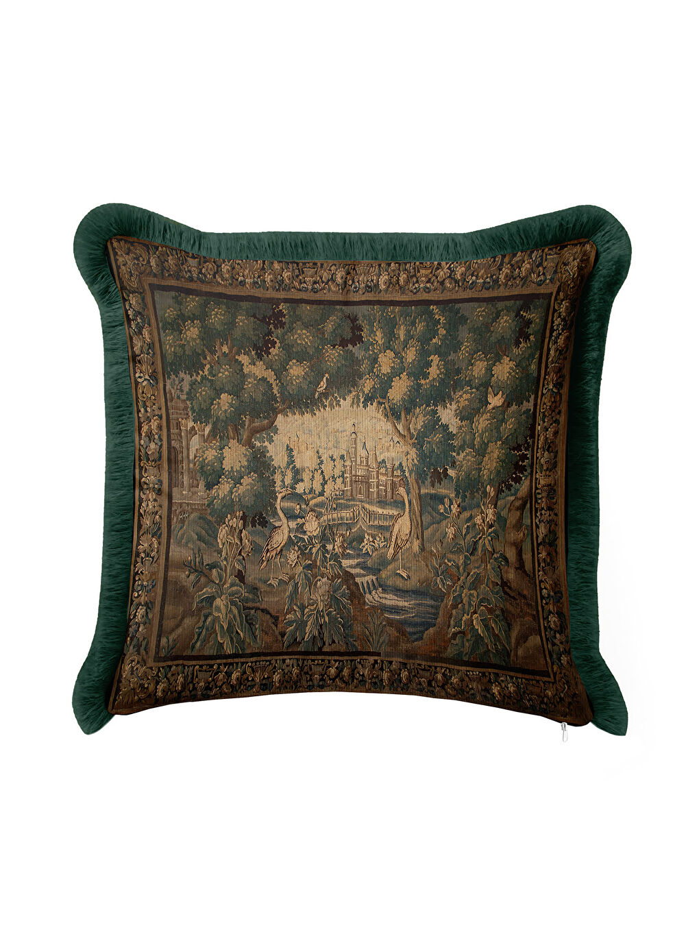 Karışık Saray Bahçe Vintage Saçaklı Yastık Kılıfı - Doğal Yeşil Barok Avangart Krem Püsküllü Kırlent Kılıfı-2