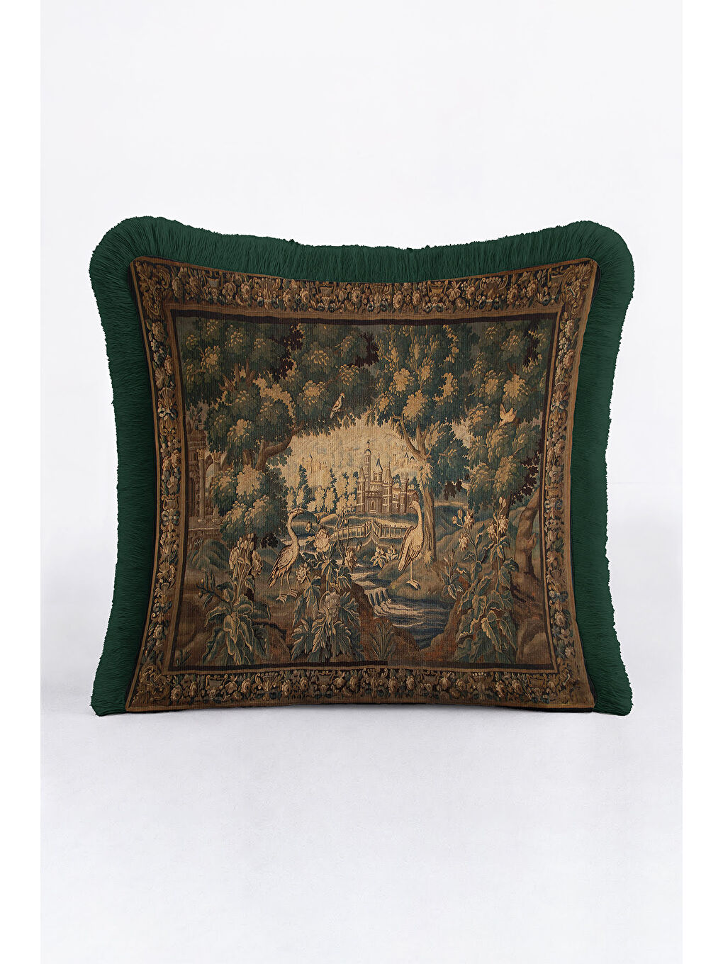 Karışık Saray Bahçe Vintage Saçaklı Yastık Kılıfı - Doğal Yeşil Barok Avangart Krem Püsküllü Kırlent Kılıfı-3