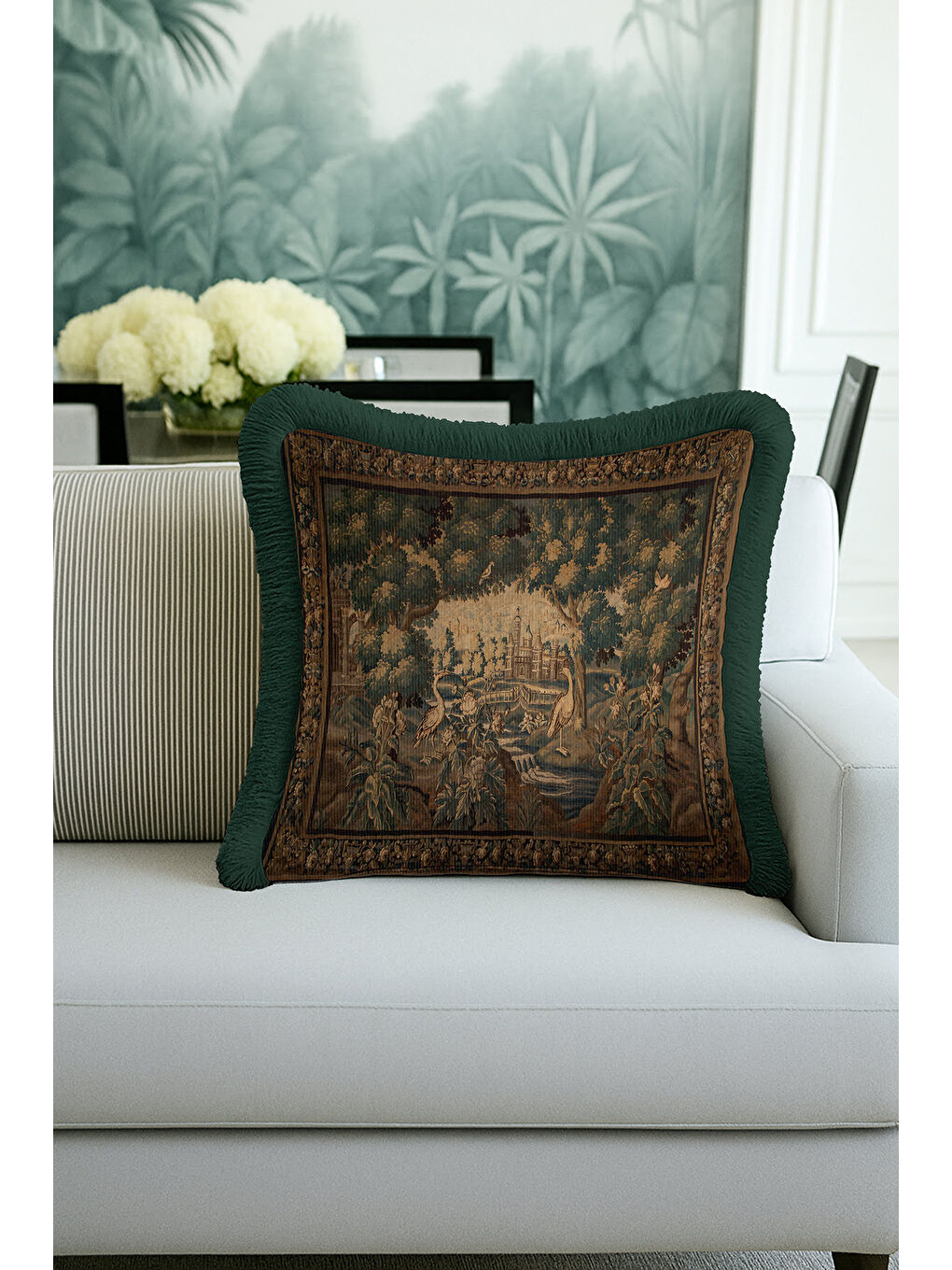 Karışık Saray Bahçe Vintage Saçaklı Yastık Kılıfı - Doğal Yeşil Barok Avangart Krem Püsküllü Kırlent Kılıfı-4