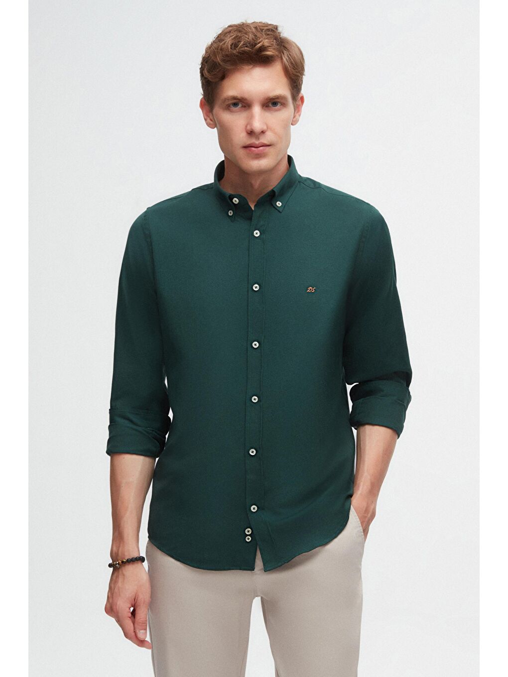 Slim Fit Yeşil Oxford Düğmeli Yaka Kolay Ütülenebilir Nakış Detaylı Pamuklu Gömlek
