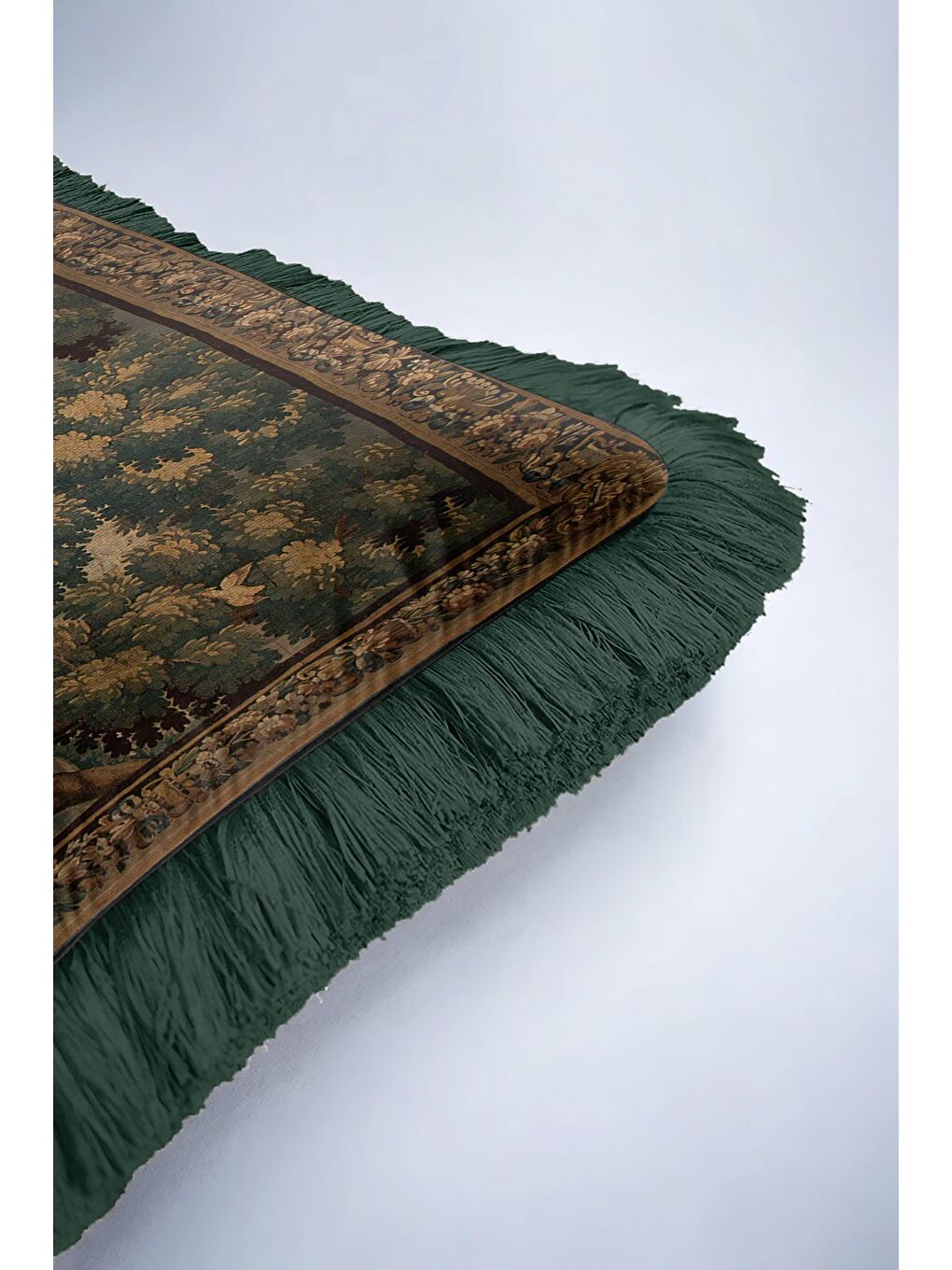 Karışık Saray Bahçe Vintage Saçaklı Yastık Kılıfı - Doğal Yeşil Barok Avangart Krem Püsküllü Kırlent Kılıfı-6