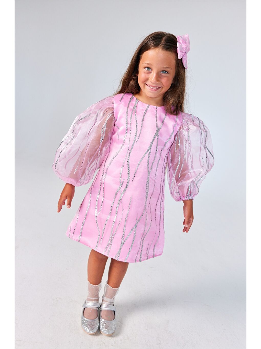 Pembe Sim Detaylı Kız Çocuk Elbise - Corrine-1