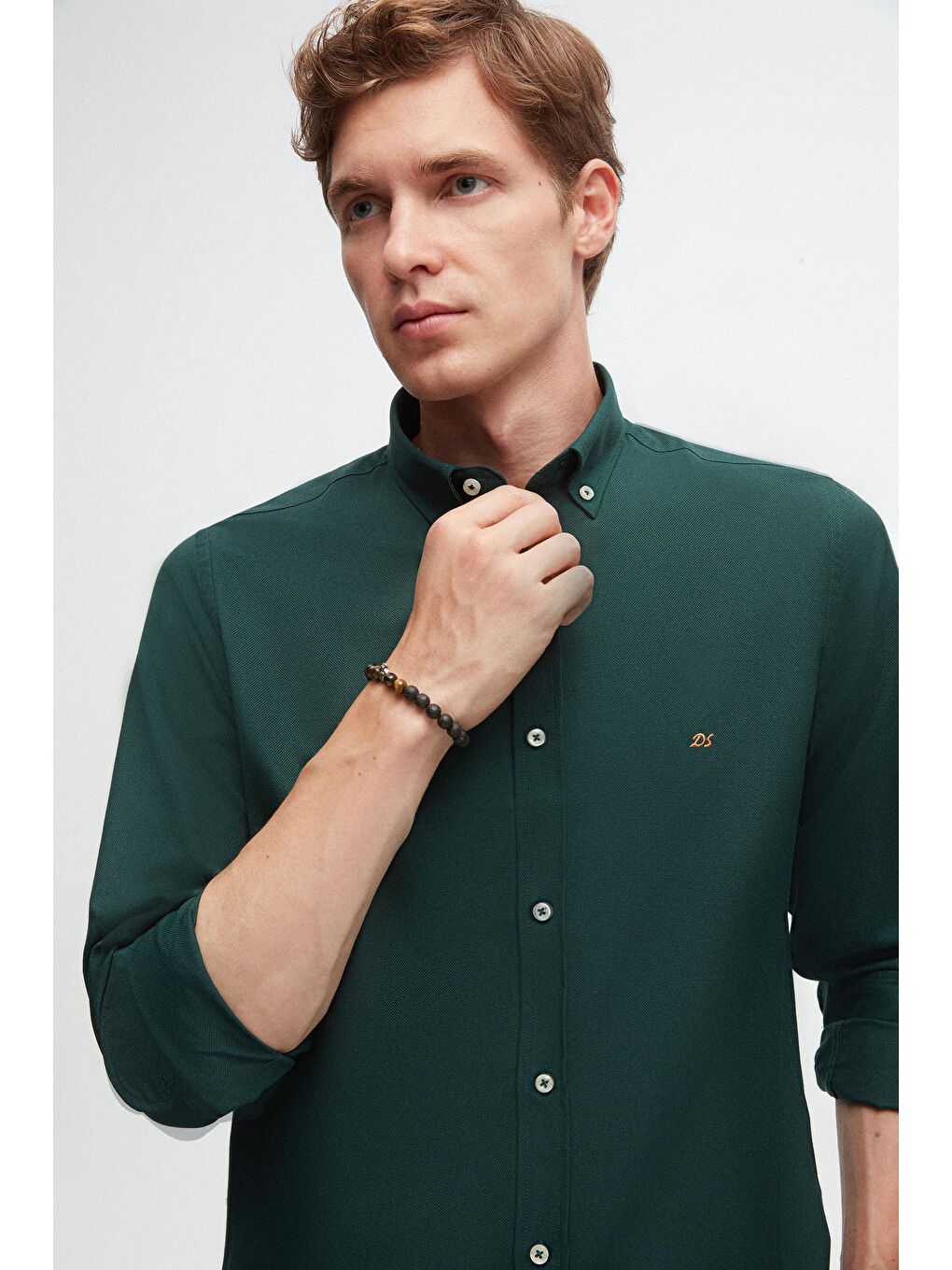 Slim Fit Yeşil Oxford Düğmeli Yaka Kolay Ütülenebilir Nakış Detaylı Pamuklu Gömlek-1