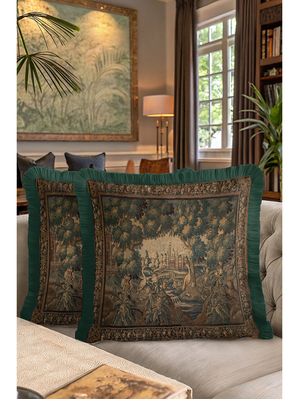 Karışık Saray Bahçe Vintage Saçaklı Yastık Kılıfı - Doğal Yeşil Barok Avangart Krem Püsküllü Kırlent Kılıfı-7