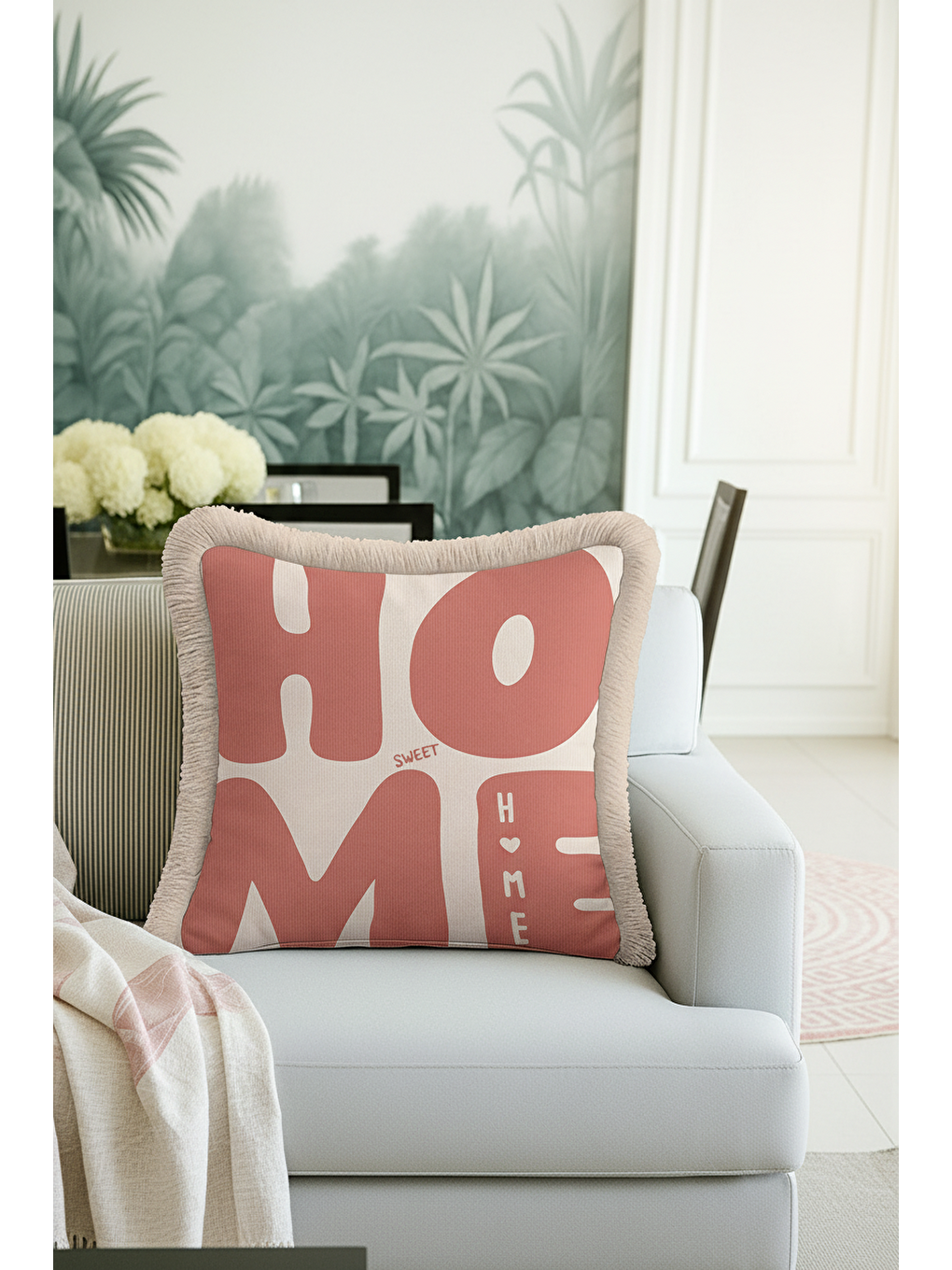 Karışık Retro Home Sweet Saçaklı Yastık Kılıfı - Neşeli Bohem Pembe Bej Püsküllü Kırlent Kılıfı