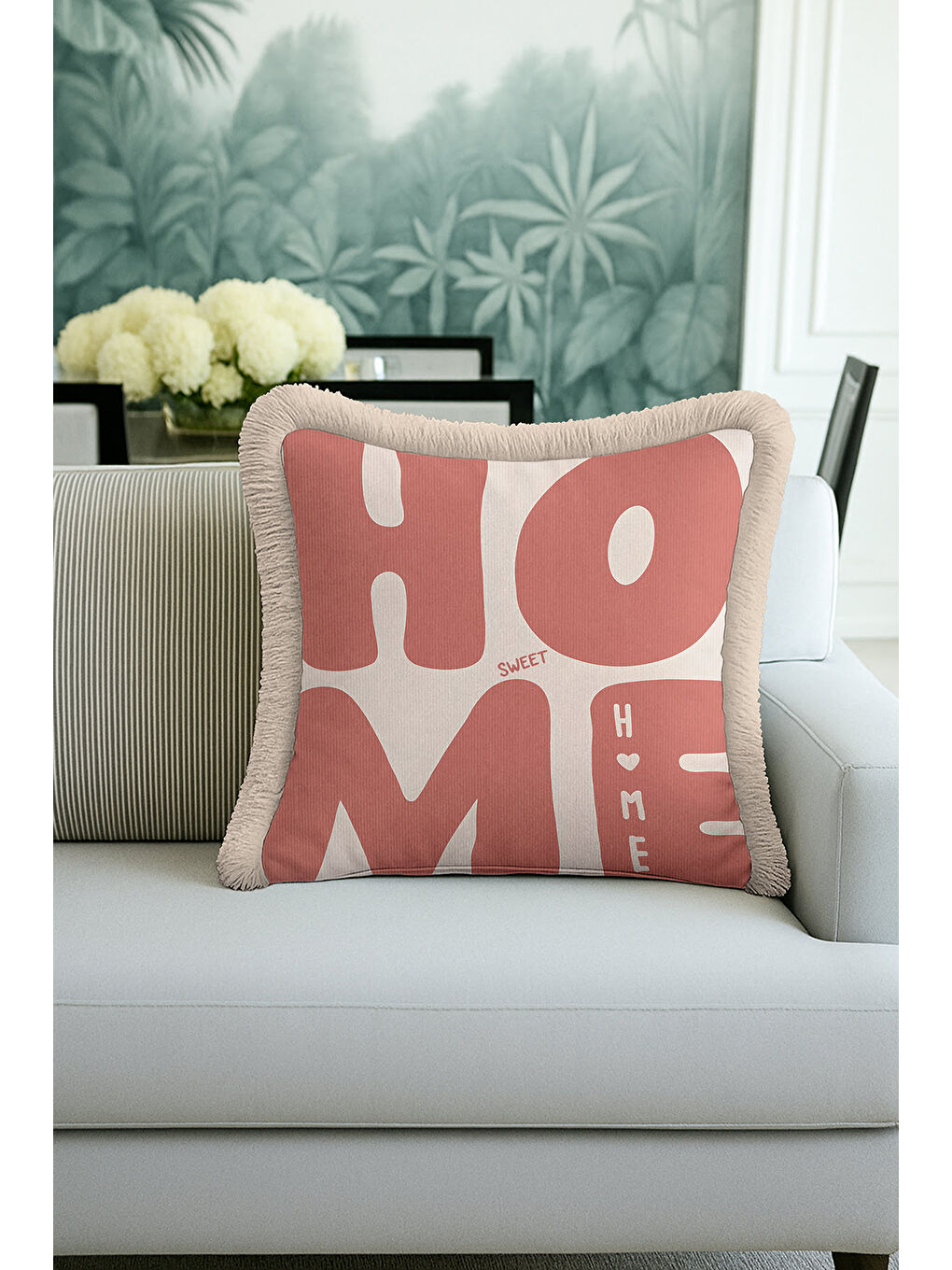 Karışık Retro Home Sweet Saçaklı Yastık Kılıfı - Neşeli Bohem Pembe Bej Püsküllü Kırlent Kılıfı-1