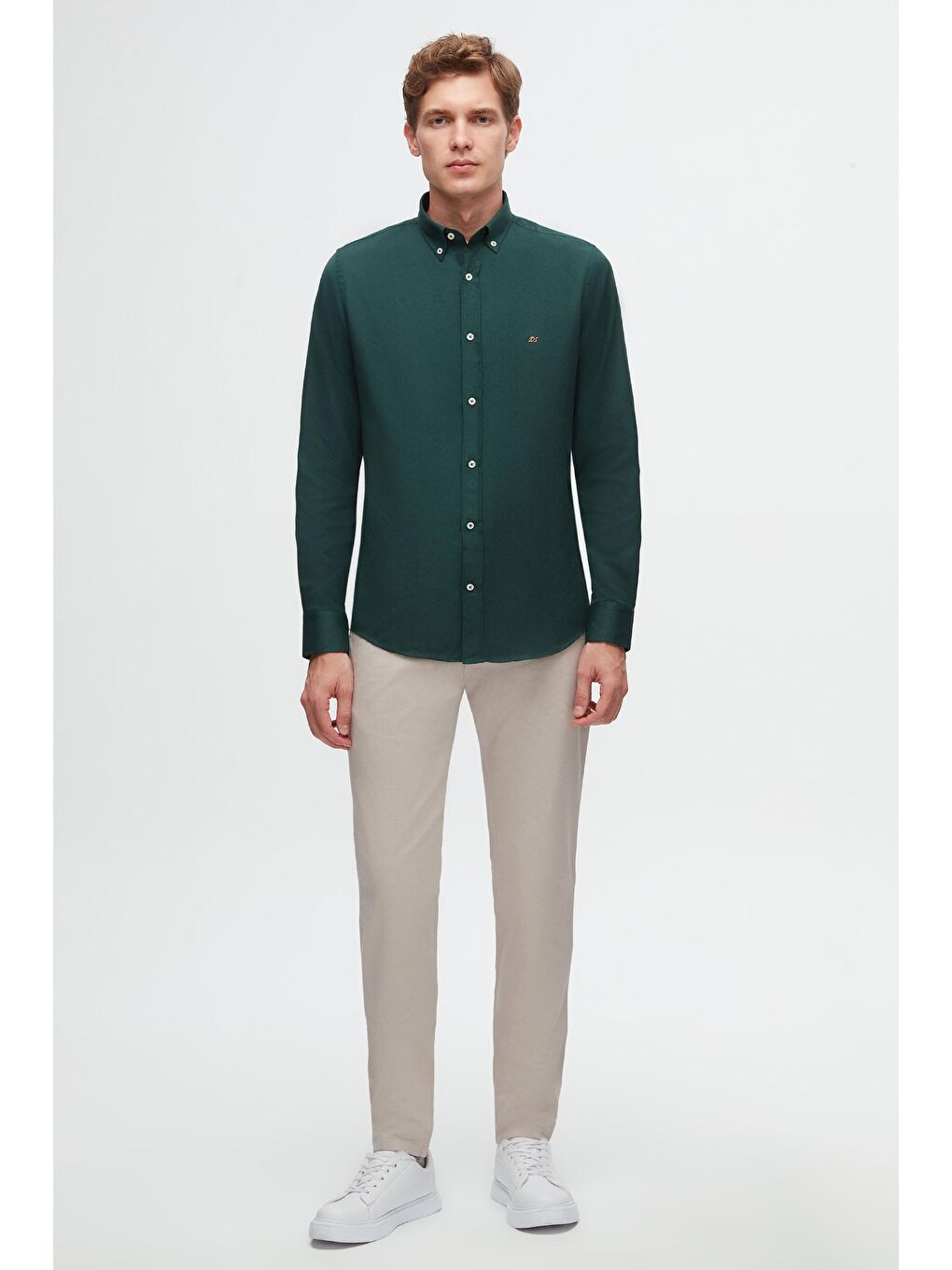 Slim Fit Yeşil Oxford Düğmeli Yaka Kolay Ütülenebilir Nakış Detaylı Pamuklu Gömlek-5