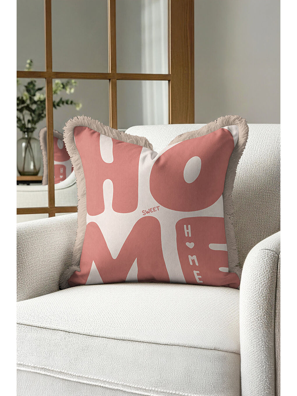 Karışık Retro Home Sweet Saçaklı Yastık Kılıfı - Neşeli Bohem Pembe Bej Püsküllü Kırlent Kılıfı-3