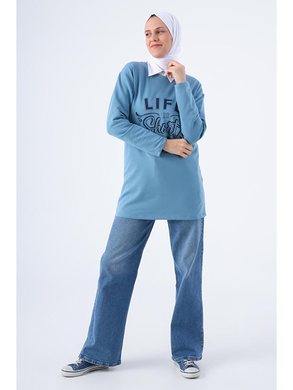 Mavi Pamuklu Rahat Kalıp Baskılı Basic Tunik