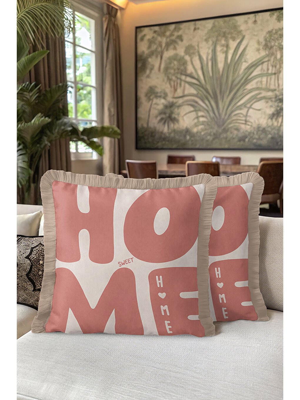 Karışık Retro Home Sweet Saçaklı Yastık Kılıfı - Neşeli Bohem Pembe Bej Püsküllü Kırlent Kılıfı-5