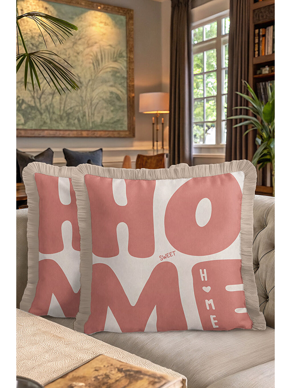 Karışık Retro Home Sweet Saçaklı Yastık Kılıfı - Neşeli Bohem Pembe Bej Püsküllü Kırlent Kılıfı-7