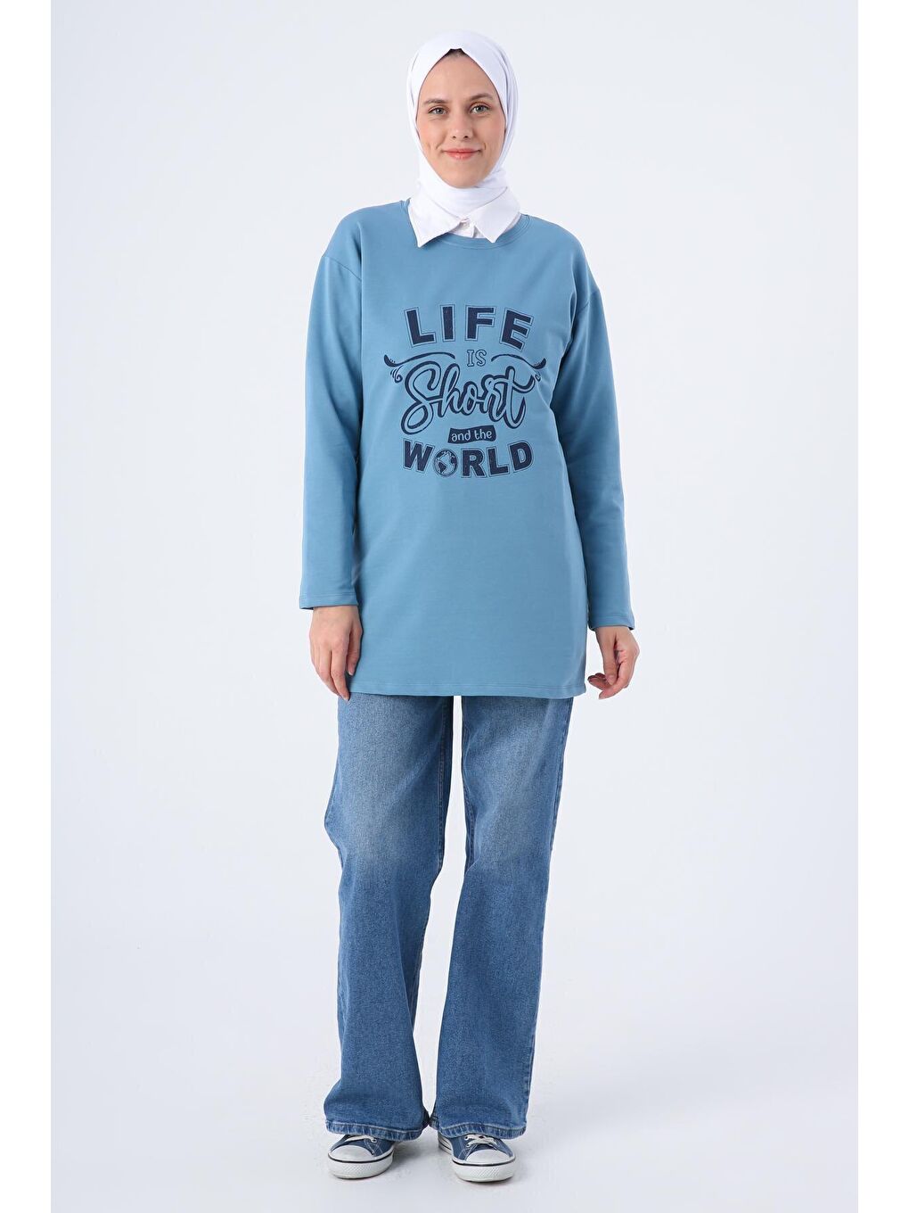 Mavi Pamuklu Rahat Kalıp Baskılı Basic Tunik-1