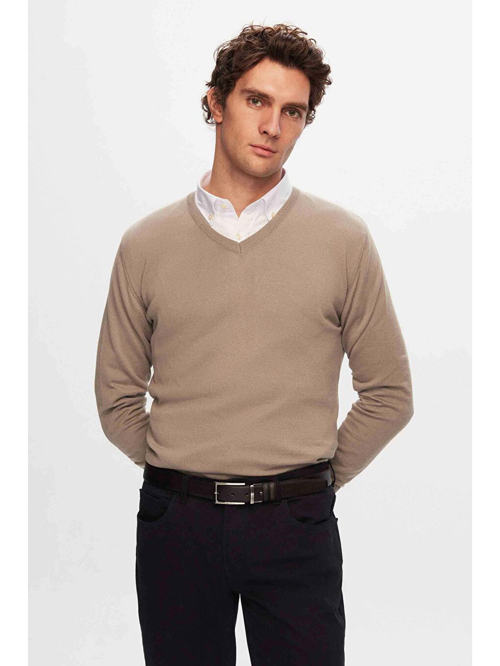 Regular Fit Bej Düz V Yaka Triko Kazak-1