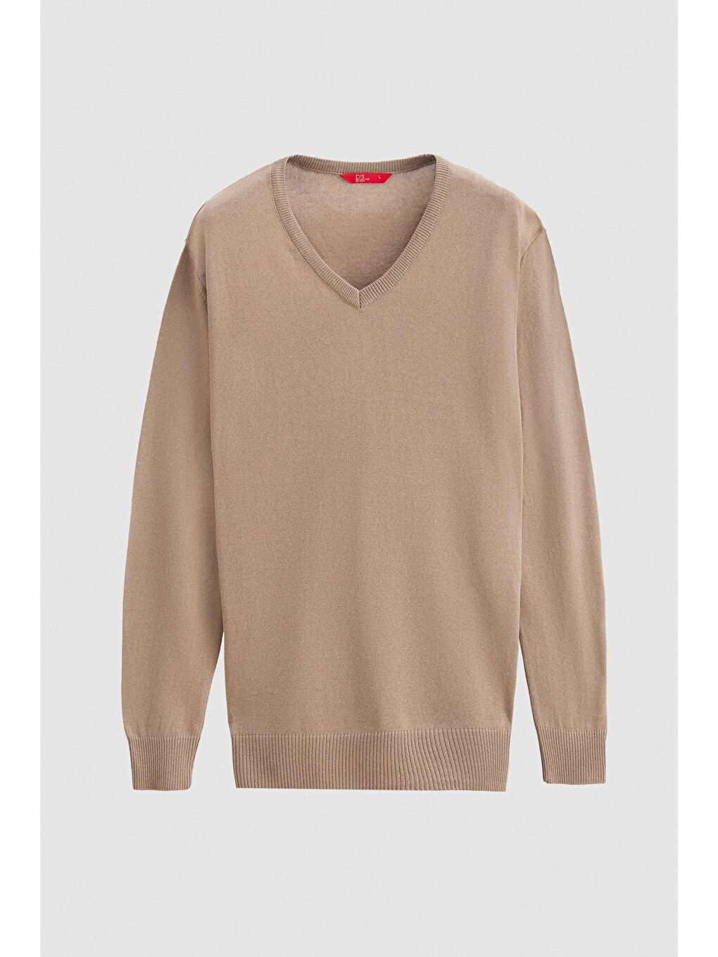 Regular Fit Bej Düz V Yaka Triko Kazak-4