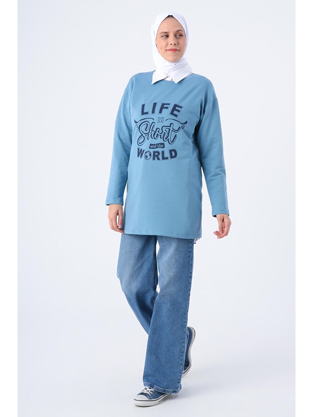 Mavi Pamuklu Rahat Kalıp Baskılı Basic Tunik-2