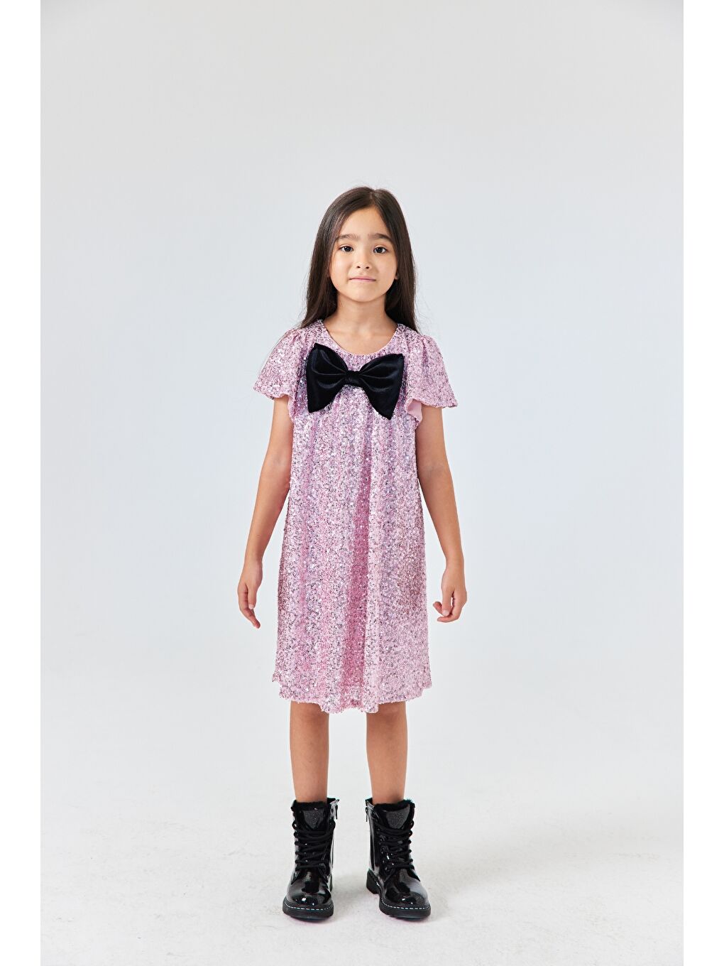 Pembe Pullu Fiyonk Detaylı Kız Çocuk Elbise - Rhea