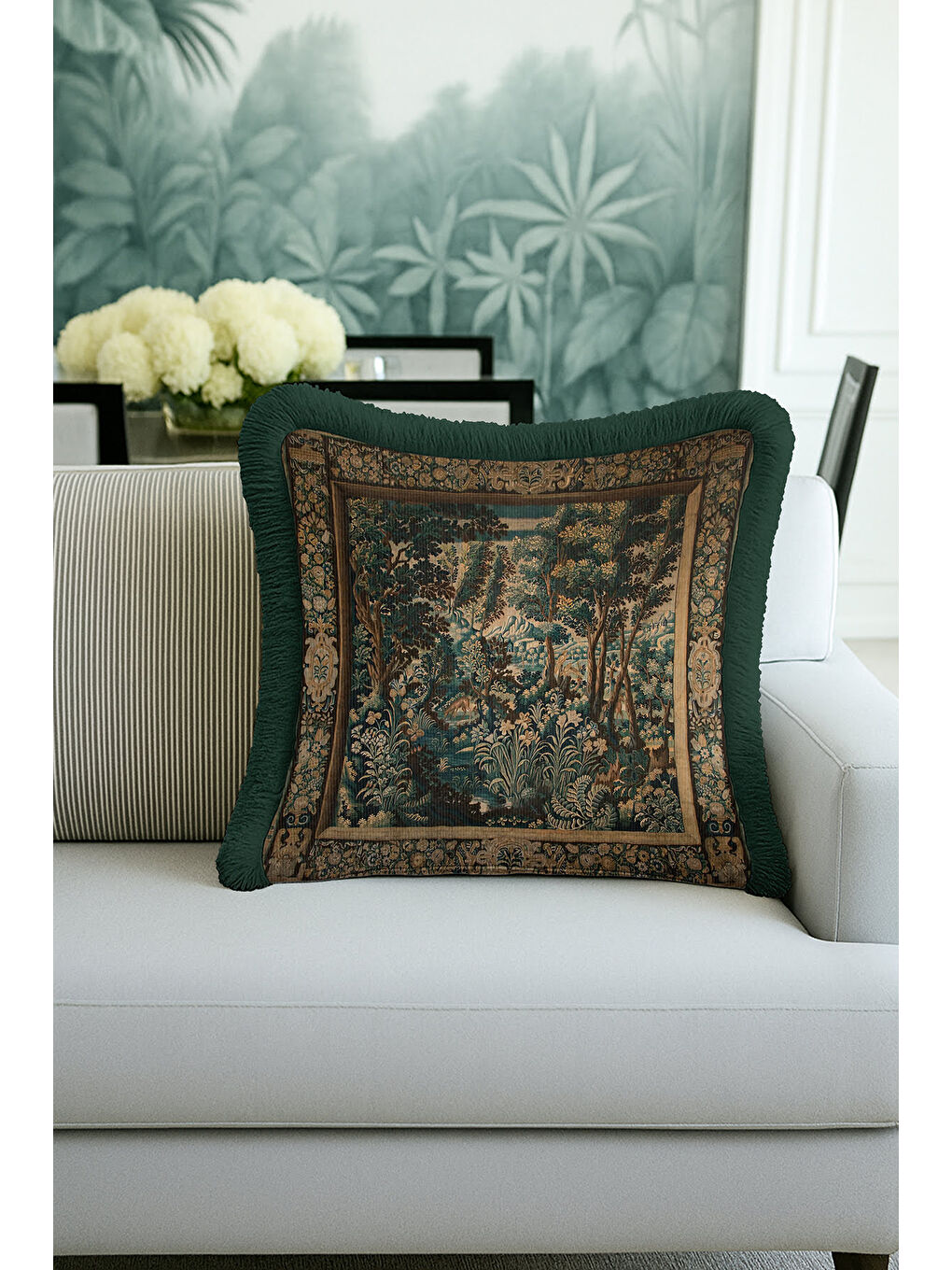 Karışık Avangard Doku Saçaklı Yastık Kılıfı - Fransız Klasik Vintage Yeşil Altın Renk Püsküllü Kırlent Kılıf-1