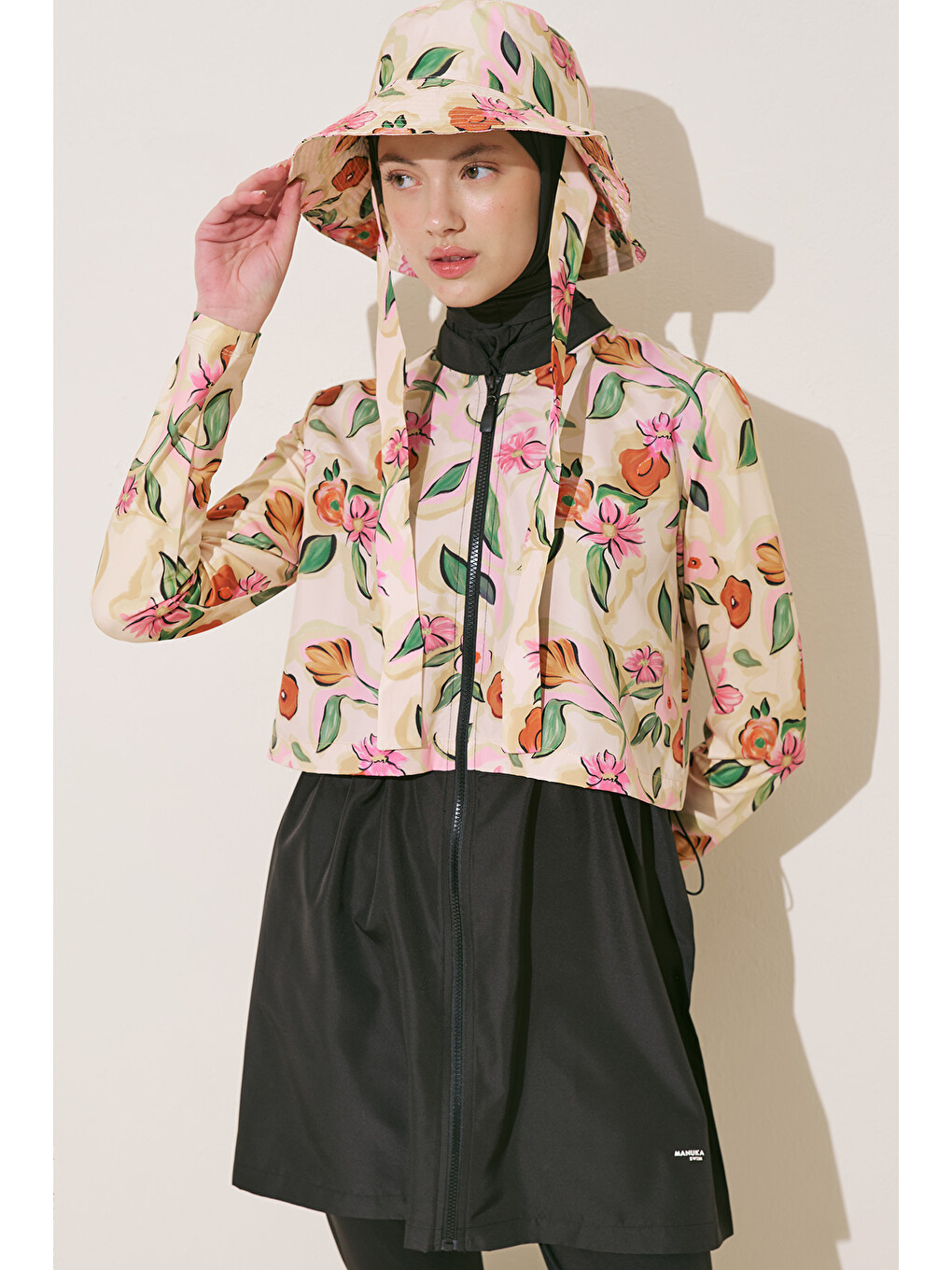 Sarı Fermuarlı 3'lü Tesettür Mayo Takım Pure Floral-5
