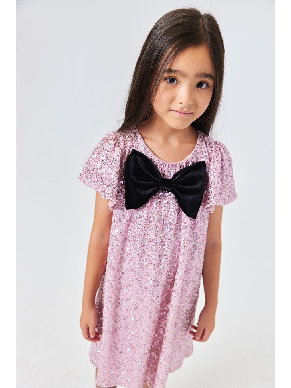 Pembe Pullu Fiyonk Detaylı Kız Çocuk Elbise - Rhea-3