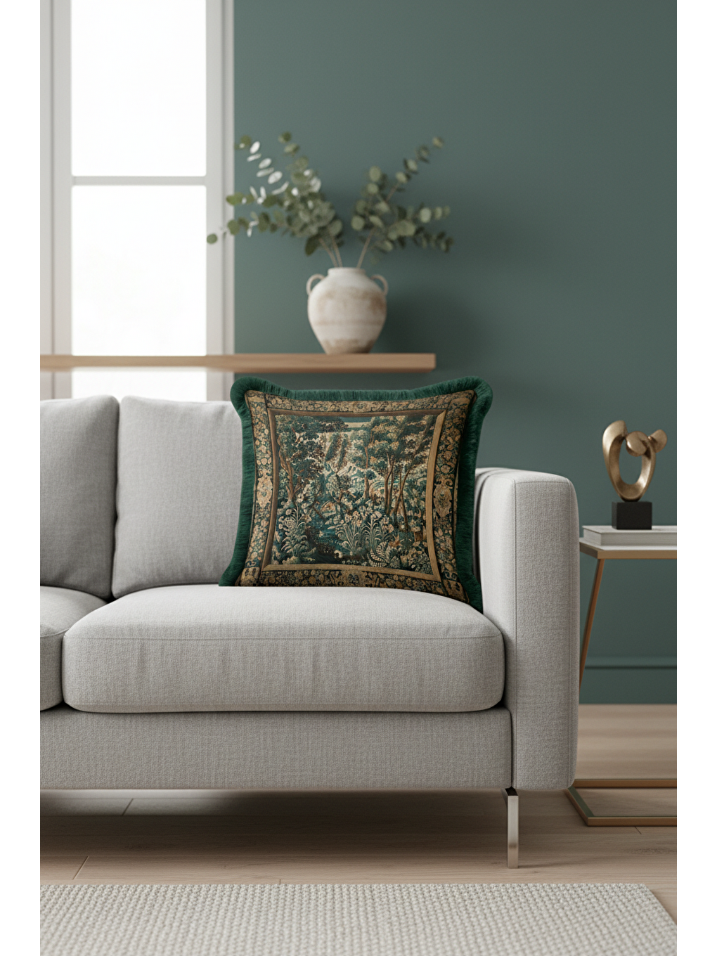 Karışık Avangard Doku Saçaklı Yastık Kılıfı - Fransız Klasik Vintage Yeşil Altın Renk Püsküllü Kırlent Kılıf-3