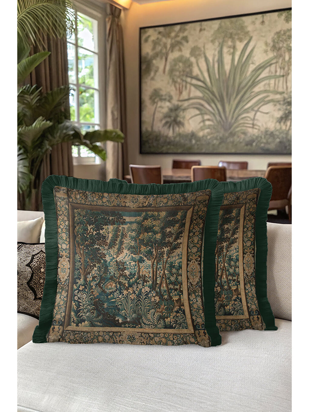 Karışık Avangard Doku Saçaklı Yastık Kılıfı - Fransız Klasik Vintage Yeşil Altın Renk Püsküllü Kırlent Kılıf-5