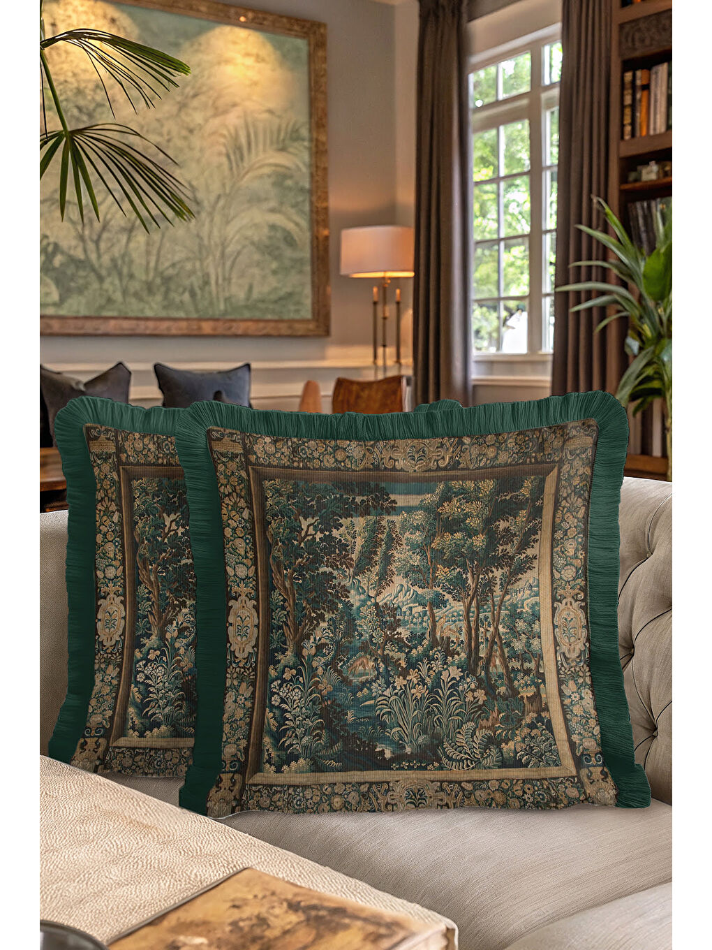 Karışık Avangard Doku Saçaklı Yastık Kılıfı - Fransız Klasik Vintage Yeşil Altın Renk Püsküllü Kırlent Kılıf-7