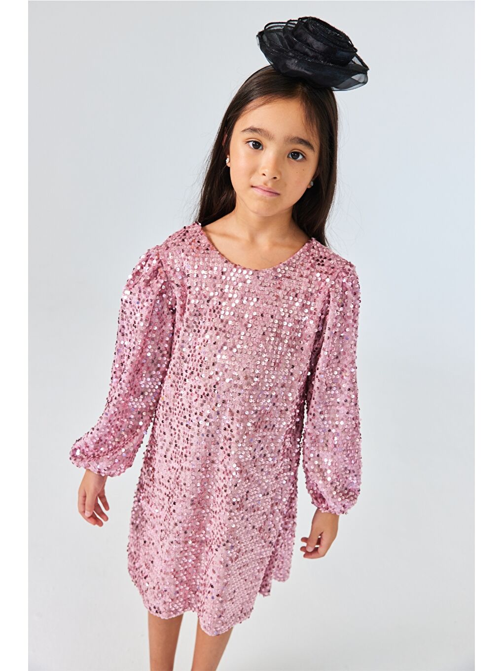 Pembe Gülkurusu Üzeri Pullu Kadife Kız Çocuk Elbise - Oriel-1