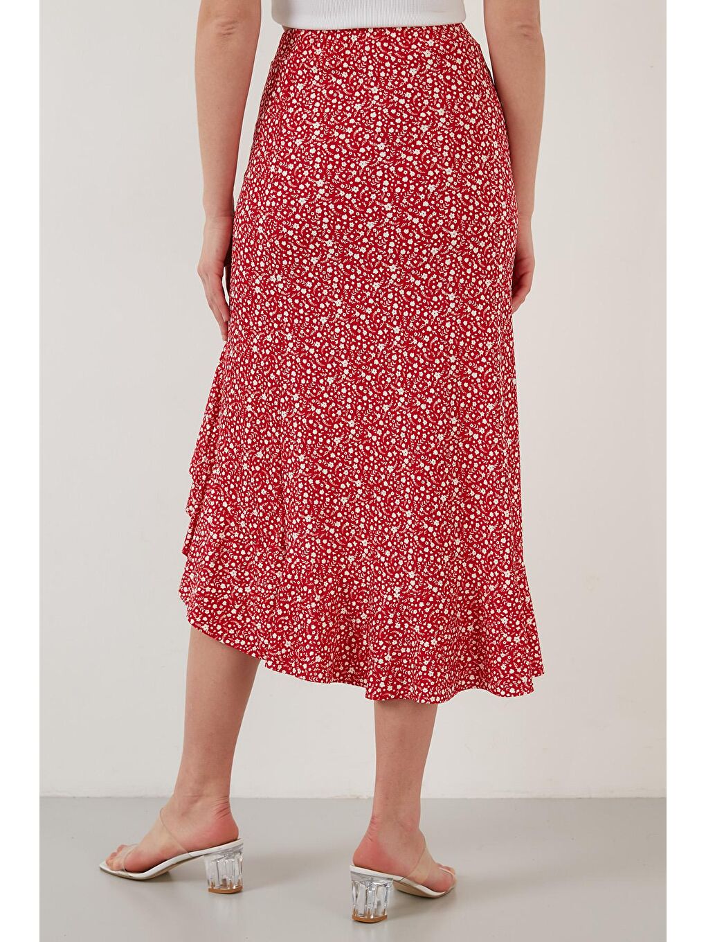 Kırmızı Çiçek Desenli Volanlı Midi Boy Yırtmaçlı Etek 5864512-2