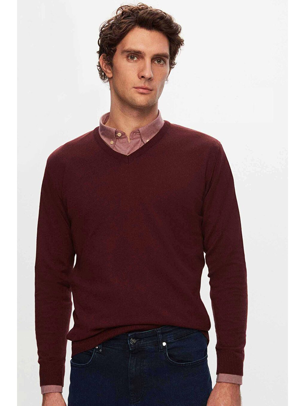 Regular Fit Bordo Düz V Yaka Triko Kazak