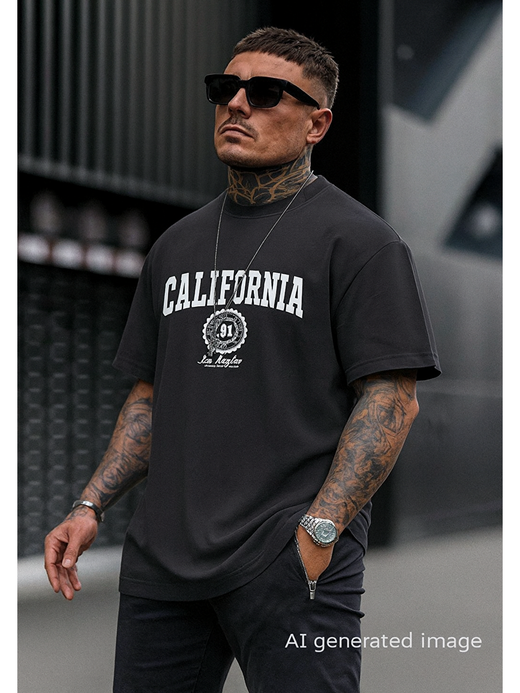 Gri Füme California United State 91  Baskılı Oversize Erkek Kısa Kollu Tişört