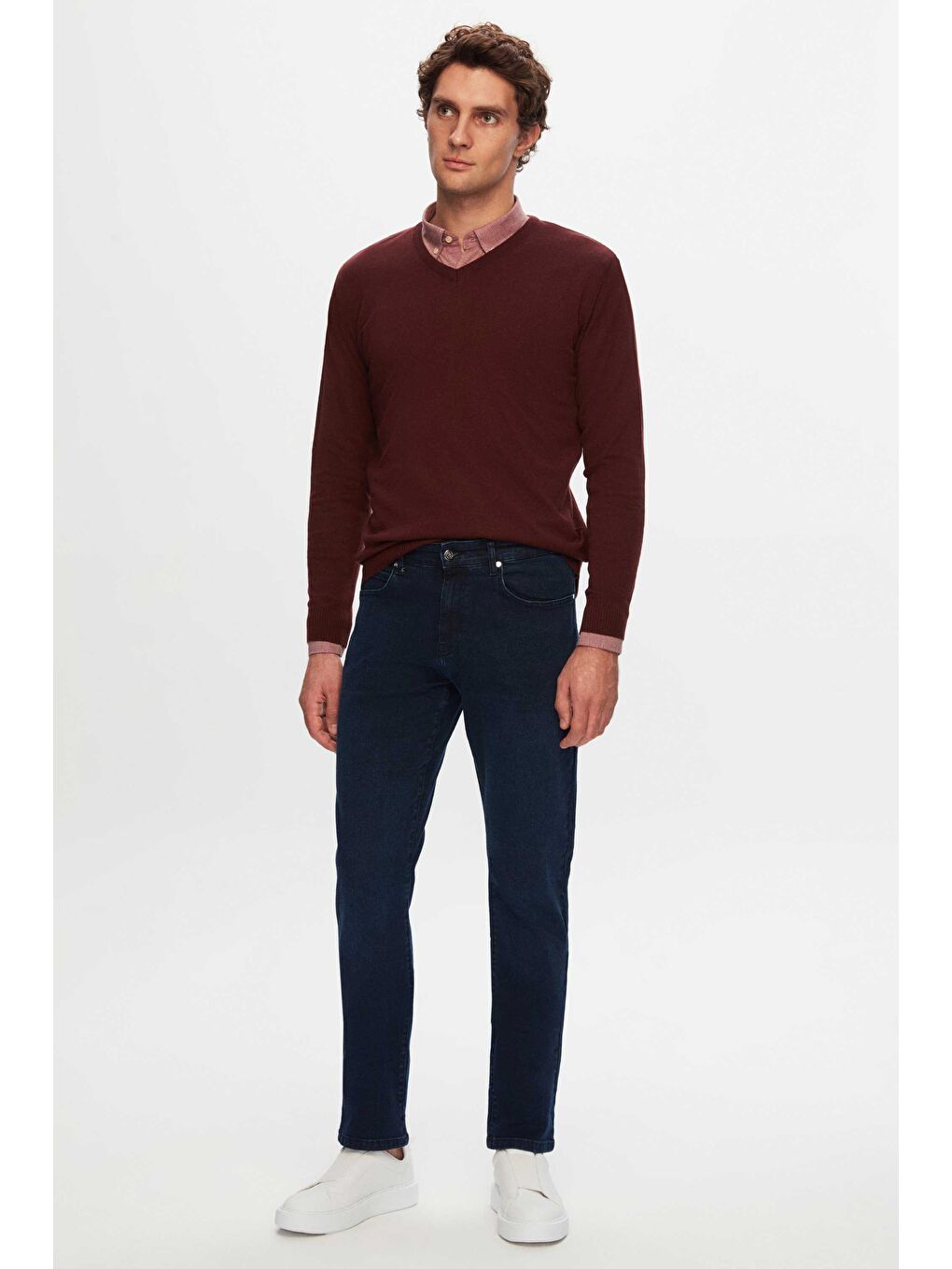 Regular Fit Bordo Düz V Yaka Triko Kazak-2